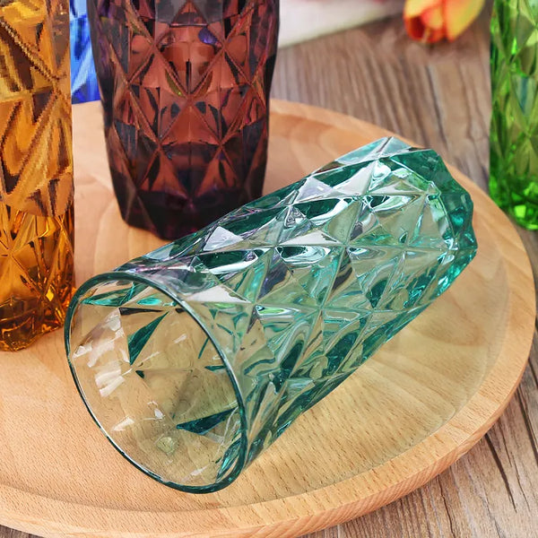 Diamond design colored long glass cup 370 ml 6 pcs