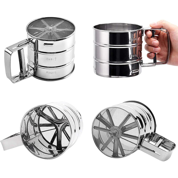 Stainless Steel Flour Sieve Cup With Hand Press Design